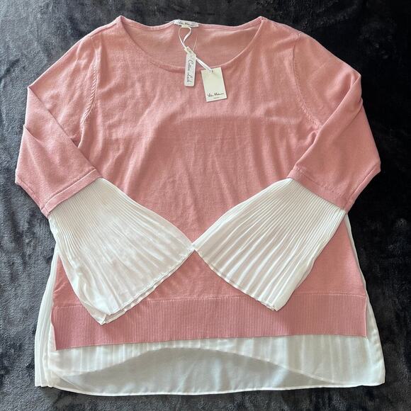 Vila Milano Blush Pink Top Large NWT Pleated Chiffon Sleeves Cotton Clash - Picture 1 of 7